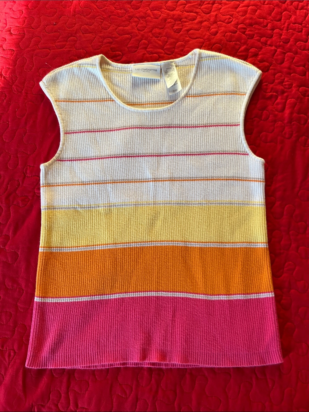 Liz Claiborne Striped Sleeveless Knit Top in Cream, Yellow, Orange, Pink